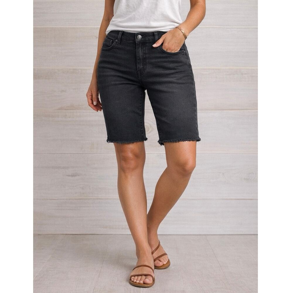 Seven7 Relaxed Denim Bermuda Shorts Women’s 14 Black Frayed Hem Mid Rise Modest